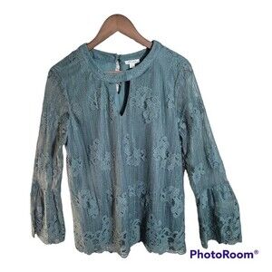 Ultra Pink Green Lace Floral Peasant Blouse Bell Longsleeve Womens Sz Med